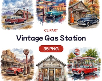 Vintage Gas Station Clipart, Retro Service Pump PNG, Classic Americana Graphic, Old Route 66 Art, Rustic Country Store Decor