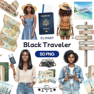 Puede incluir: Clipart digital con ilustraciones de temática Black Traveler. Incluye imágenes de pasaporte, mapa, cámara, monumentos y mujeres con accesorios de viaje. También se incluye el texto "Black Traveler" y "50 PNG".
