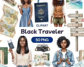 Black Traveler Clipart, African American Wanderlust PNG, Vacation Trip Art, World Map Passport, Summer Travel Girl, Luggage Suitcase, Camera