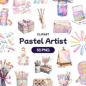 Op de afbeelding: Een collectie aquarel clipart met pastelkleurige kunstbenodigdheden, waaronder penselen, een glazen pot met water, een aquarelset, stapels boeken, een bloemrijk schort, potloden in een beker en een ezel met de tekst CLIPART Pastel Artist 55 PNG.