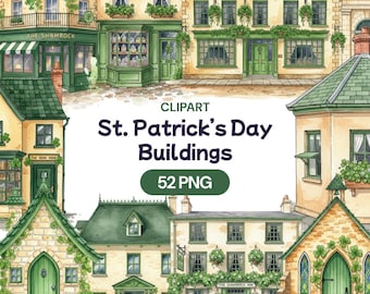 Imágenes prediseñadas de edificios del Día de San Patricio, paquete PNG de pub irlandés, aldea rural verde en acuarela