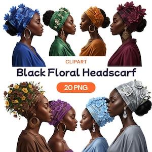 Peut inclure: Illustrations numériques de femmes portant des foulards noirs à motifs floraux de différentes couleurs. L'image comprend le texte "Black Floral Headscarf" et "20 PNG". Les foulards sont ornés de fleurs.