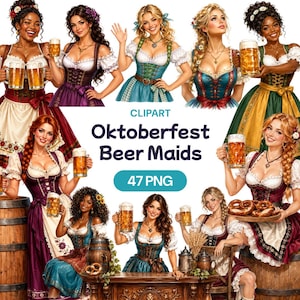 Könnte beinhalten: Eine Sammlung digitaler Illustrationen von Frauen in traditionellen Dirndl-Kleidern, die Bierkrüge halten, mit dem Text CLIPART Oktoberfest Beer Maids 47 PNG in der Mitte des Bildes.
