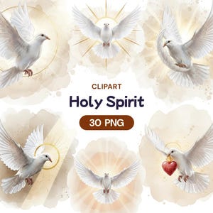 Può includere: Una collezione di immagini clipart ad acquerello con colombe bianche con le ali spiegate. Le immagini includono il testo "CLIPART Holy Spirit 30 PNG" in una combinazione di colori blu scuro e marrone. Le colombe sono su uno sfondo ad acquerello morbido.