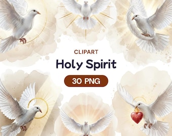 Holy Spirit Clipart, 30 Watercolor PNG, White Dove, Golden Halo Sunburst, Sacred Heart, Christian Art, Baptism Confirmation, Church