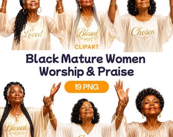 Imágenes prediseñadas de mujeres negras maduras adorando, PNG de alabanza de ancianos afroamericanos, gráfico de fe cristiana, arte para boletines de iglesia, decoración para diarios de oración