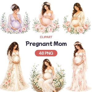 May include: A digital clipart collection featuring six illustrations of pregnant individuals with long wavy hair, wearing flowing lace gowns in shades of lavender, pink, and cream, surrounded by watercolour floral arrangements and greenery. Text reads CLIPART Pregnant Mom 48 PNG.