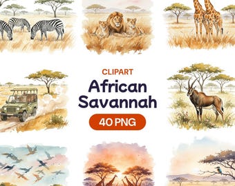 Imágenes prediseñadas de la sabana africana, paisaje de safari en formato PNG, fondo de animales salvajes, paquete de leones, jirafas y cebras, arte de la naturaleza al atardecer.