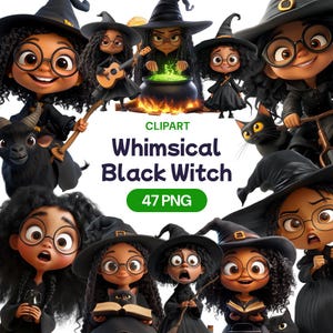 Skurrile schwarze Hexe Clipart, Aquarell Afroamerikaner Transparent PNG, Zauberin Niedliche Posen, Kawaii 3D Cartoon, Lizenz für kommerzielle Nutzung