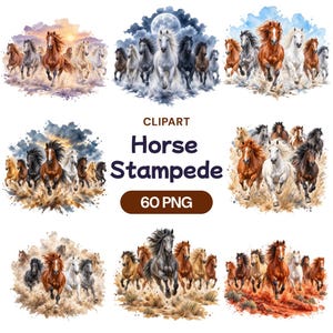 Könnte beinhalten: Eine digitale Sammlung von Pferde-Stampede-Cliparts mit 60 PNG-Dateien. Die Bilder zeigen verschiedene Gruppen von Pferden in Bewegung mit Hintergründen im Aquarellstil, darunter Sonnenuntergangs-, Mondschein- und Feldszenen. Der Text lautet CLIPART Horse Stampede 60 PNG.