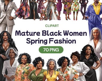 Mature Black Women Spring Fashion Clipart, African American Granny PNG, Beautiful Elegant Female Grandma Senior Diva, Commercial Use License
