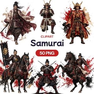 Könnte beinhalten: Eine digitale Sammlung von 50 PNG-Clipart-Bildern, die Samurai-Krieger in verschiedenen Posen zeigen, darunter stehend, kniend und auf schwarzen Pferden reitend. Die Krieger tragen detaillierte traditionelle Rüstungen und Gewänder mit roten, schwarzen und goldenen Akzenten.