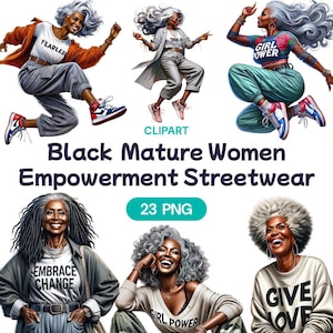 Schwarze reife Frauen Empowerment Streetwear Clipart, Aquarell Afroamerikaner Cute PNG, Ermächtigung starker Frauen, Lizenz für kommerzielle Nutzung
