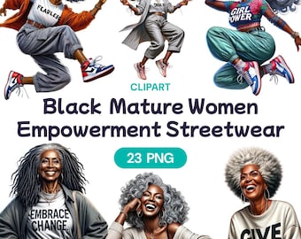 Black Mature Women Empowerment Streetwear Clipart, Watercolor African American Cute PNG, Empowering Strong Females, Commercial Use License