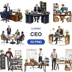 Könnte beinhalten: Eine Sammlung von 50 PNG-Clipart-Bildern, die einen CEO in verschiedenen Büroumgebungen zeigen, einschließlich Schreibtischen, Stühlen, Laptops, Kalendern und Aktenschränken. Die Bilder zeigen professionelle Büroszenen mit Möbeln.
