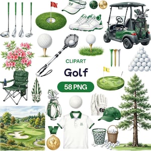 Golf Clipart Bundle, Spring Tournament PNG, Country Club Graphic, Green Masters Art (58 PNG)