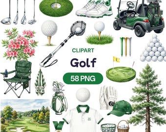 May include: A collection of golf-themed clipart featuring golf clubs, a cart, balls, tees, a bag, a polo shirt, a cap, a visor, gloves, a towel, a folding chair, a medal, baskets of balls, a pine tree, azaleas, and a landscape illustration.