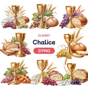 Op de afbeelding: Een verzameling gouden kelken, brood en druiven. De kelken hebben ingewikkelde ontwerpen en worden gecombineerd met broden, tarwearen en trossen rode en groene druiven. Het woord "Chalice" wordt weergegeven in de afbeelding.