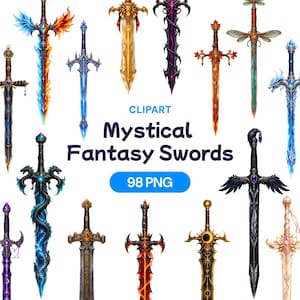 Può includere: Una collezione di spade fantasy digitali con vari design, tra cui lame elementali di fuoco e ghiaccio, else dorate decorate, motivi a drago e guardie alate. Il testo recita CLIPART Mystical Fantasy Swords 98 PNG al centro.