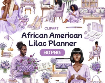 African American Lilac Planner Clipart – 60 PNG Black Women, Men, Girl & Boy Illustrations, Watercolor Spring Digital Art Set