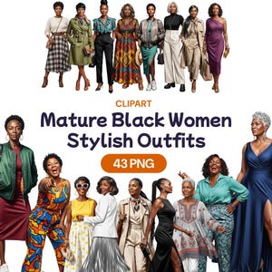 Rijpe zwarte vrouwen stijlvolle outfits clipart, Afro-Amerikaanse oma mode png, mooie oma, elegante senior, licentie voor commercieel gebruik