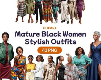 Mature Black Women Stylish Outfits Clipart, African American Granny Fashion PNG, Beautiful Grandma, Elegant Senior, Commercial Use License