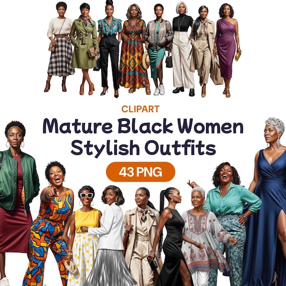 Mature Black Women Stylish Outfits Clipart, African American Granny Fashion  PNG, Beautiful Grandma, Elegant Senior, Commercial Use License