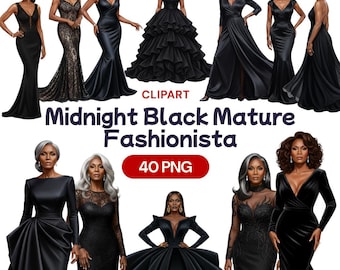 Midnight Black Mature Woman Clipart, African American Senior PNG, Elegant Evening Gown, Silver Hair Fashion, Glamour Grandma, Prom Dress