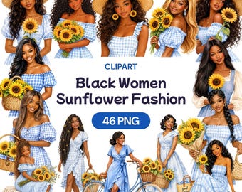 Black Women Sunflower Fashion Clipart, Blue Gingham Dress PNG, African American Girl Art, Summer Picnic Graphic, Floral Lady