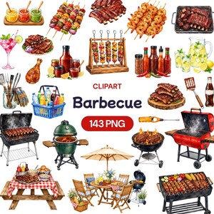 Peut inclure: Une collection d'illustrations à l'aquarelle représentant du matériel de barbecue, des viandes grillées, des brochettes, des sauces, des boissons et du mobilier d'extérieur. Le texte central indique CLIPART Barbecue 143 PNG.