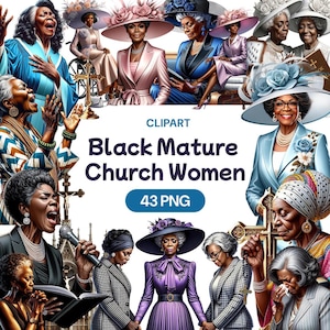 Zwarte rijpe vrouwen in kerk bidden clipart, Afro-Amerikaanse vrouwelijke oma png, christelijk spiritueel gebed ontwerp, licentie commercieel gebruik
