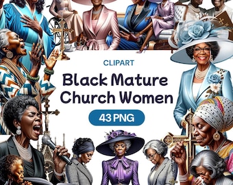 Black Mature Women at Church Praying Clipart, African American Female Granny PNG, Christian Spiritual Prayer Design, Commercial Use License