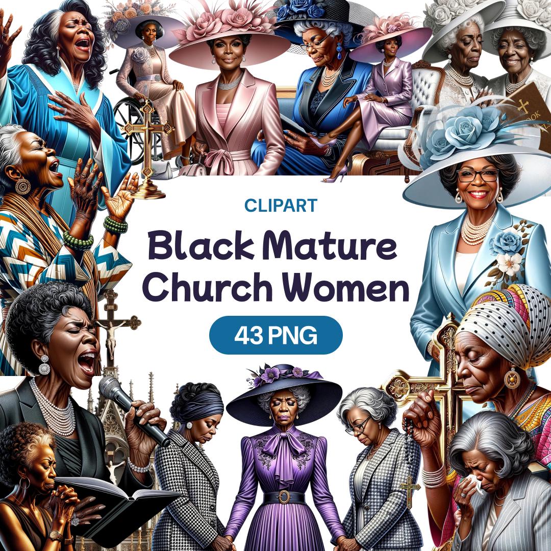 Black Mature Women at Church Praying Clipart, African American Female Granny PNG, Christian Spiritual Prayer Design, Commercial Use License