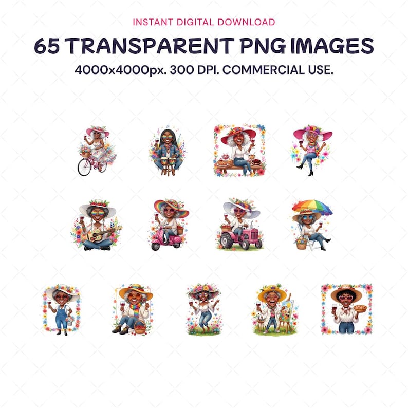May include: Digital download graphic featuring 65 transparent PNG images. The images depict various illustrations of a person with a hat, enjoying leisure activities. The text at the top reads "INSTANT DIGITAL DOWNLOAD" and "65 TRANSPARENT PNG IMAGES".