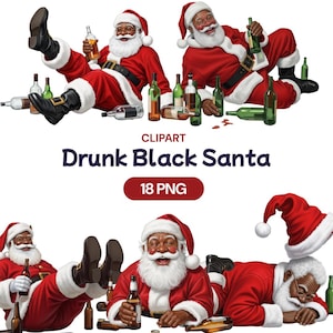 May include: Digital illustration featuring multiple images of Santa Claus in a red suit and hat, with a white beard, holding bottles. The text "Drunk Black Santa" and "18 PNG" are also visible.