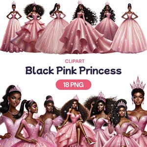 Clipart principessa rosa nera, ragazza afroamericana acquerello con corona PNG, dolce giovane donna splendida abito pastello licenza per uso commerciale