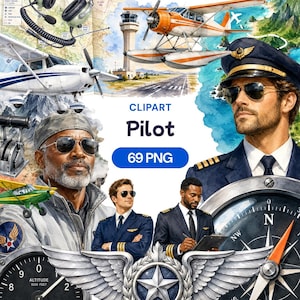May include: A digital collection of 69 PNG clipart images featuring pilots, airplanes, aviation headsets, control throttles, compasses, and altitude gauges. The graphics include watercolor-style illustrations of aircraft, navigation tools, and pilots.
