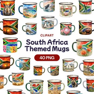 May include: A collection of enamel-style mugs featuring various South African themed illustrations, including wildlife, landscapes, and the national flag. The text reads CLIPART South Africa Themed Mugs 40 PNG, showcasing diverse designs on white mugs with black rims.
