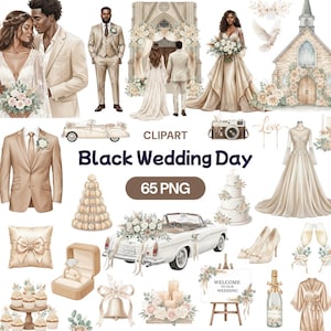 May include: A collection of watercolor illustrations featuring wedding-themed elements. Includes images of a couple, a church, a wedding dress, a cake, a car, and other accessories. The text "Black Wedding Day" and "65 PNG" are also present.