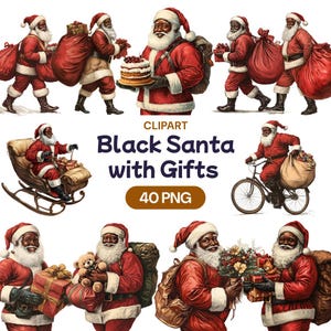 Clipart père Noël noir, mignon père Noël afro-américain aquarelle PNG Transparent, visage de Noël avec licence d'utilisation commerciale