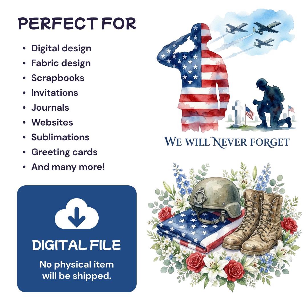 Watercolor Memorial Day Clipart, Patriotic Military PNG, Honoring ...
