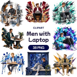 Clipart de homem com laptop, PNG de desenvolvedor, ilustração de nômade digital, gráficos de trabalhador remoto