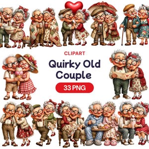 Op de afbeelding: Een verzameling grillige illustraties met oudere stellen in verschillende romantische en alledaagse scenario's. De afbeeldingen tonen de stellen in verschillende outfits en omgevingen, met de tekst "Quirky Old Couple" en "33 PNG".
