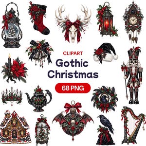 Peut inclure: Une collection d'illustrations numériques présentant des éléments de Noël gothique, notamment une lanterne, une chaussette, un crâne de cerf, une horloge à coucou, un poinsettia, des cloches, un bonnet de Père Noël, un casse-noisette et du texte.
