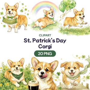 St. Patricks Day Corgi Clipart, söt hundvalp PNG, akvarell lyckosamrock irländsk bunt