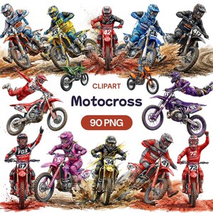 Peut inclure: Illustration numérique de plusieurs motos de motocross en action, avec des pilotes de différentes couleurs. Le texte "Motocross" et "90 PNG" est inclus.