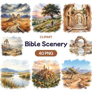 Puede incluir: Conjunto de imágenes prediseñadas de acuarela con ocho ilustraciones de paisajes bíblicos. Las imágenes incluyen paisajes con caminos, edificios y figuras, junto con el texto "Bible Scenery" y "40 PNG". La paleta de colores incluye tonos tierra y azules.