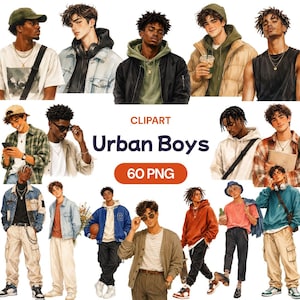 May include: A collection of digital illustrations featuring various young individuals in diverse casual outfits, including hoodies, denim jackets, cargo pants, and accessories, with the text "CLIPART Urban Boys 60 PNG" centered in the middle.