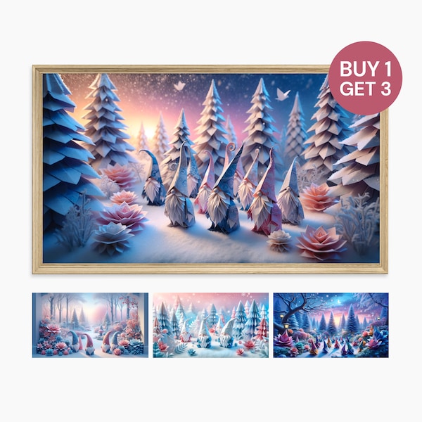 Christmas Gnomes Samsung Frame TV Art Bundle, Winter Xmas Downloadable Collection, Origami Japanese Paper Style, Kawaii Pastel Color Palette