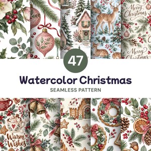 Könnte beinhalten: Eine Sammlung von 47 nahtlosen Aquarell-Weihnachtsmustern mit festlichen Motiven wie roten Beeren, grünen Tannenzweigen, rosa Ornamenten, Hirschen, verschneiten Häusern, Lebkuchengebäuden, Glocken, Kränzen und Tassen mit dem Text Warm Wishes.
